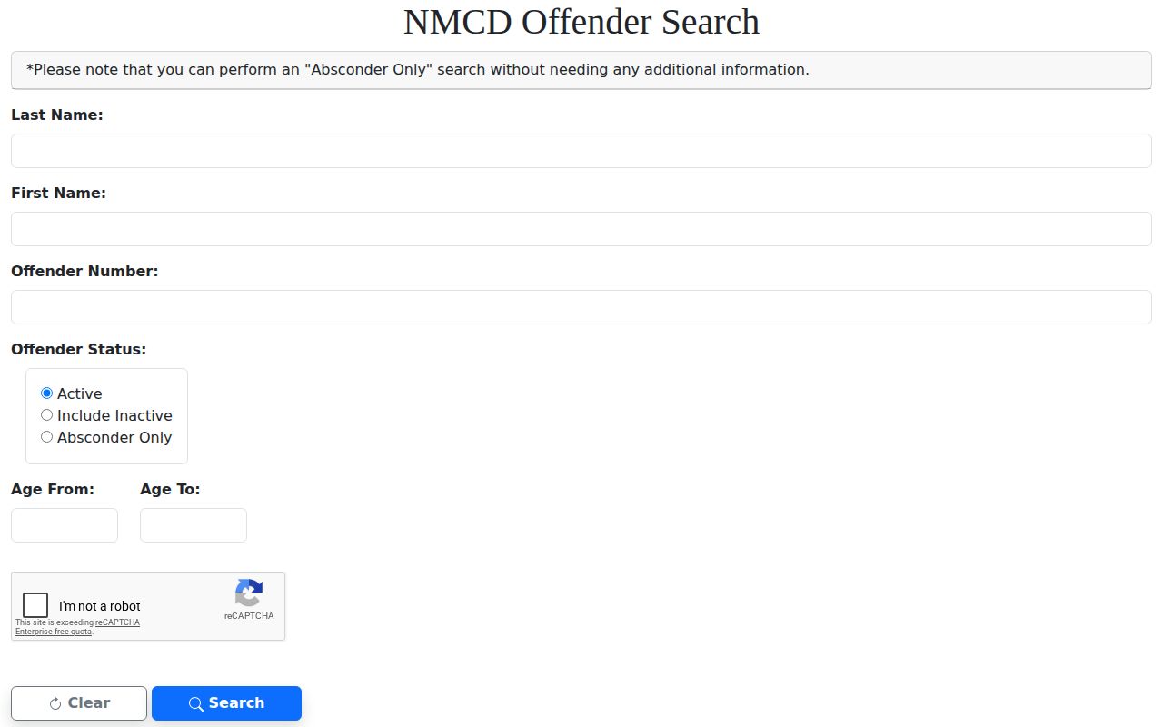 Bernalillo County NMCD projected release date lookup controls and inactive search option