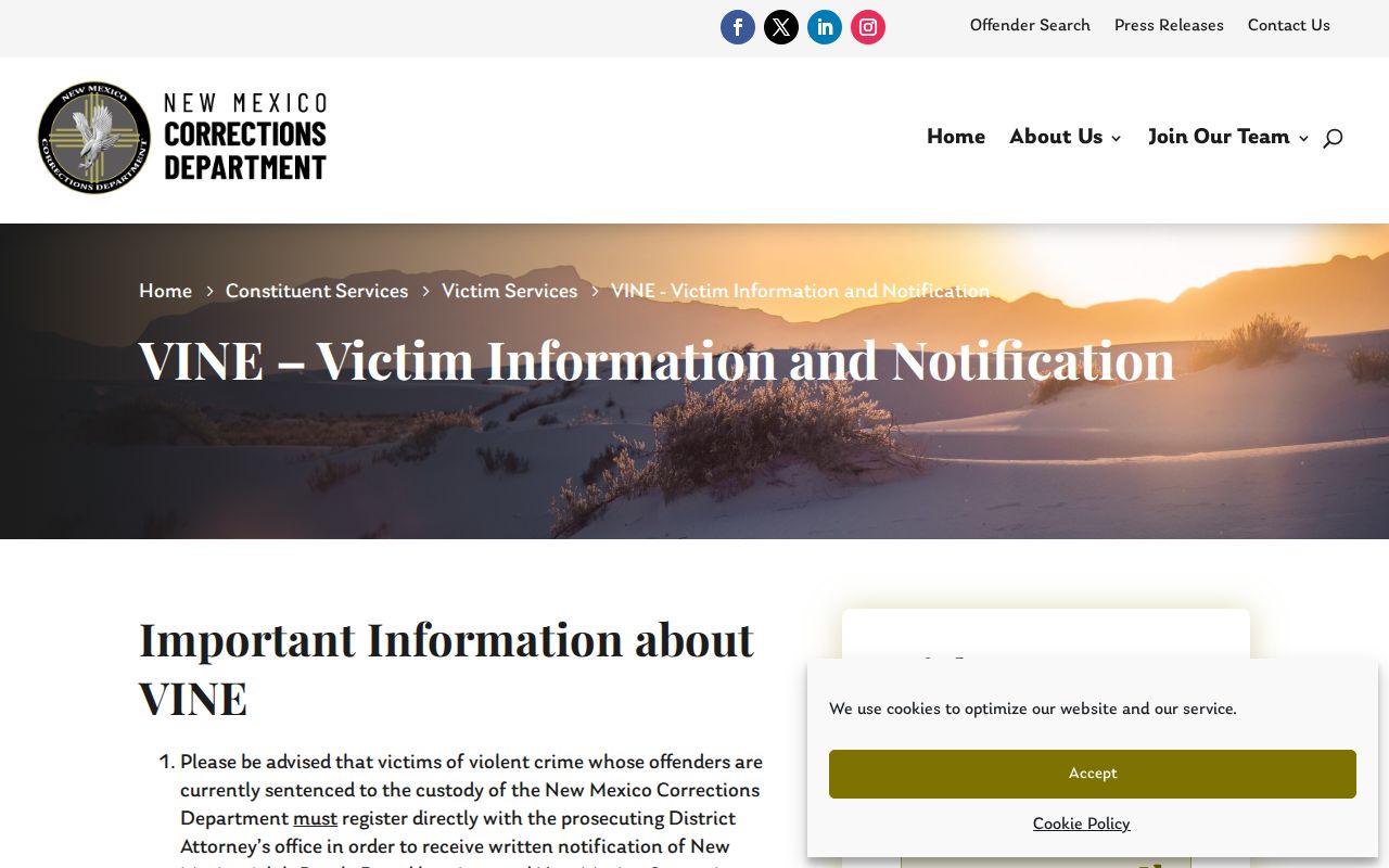 Bernalillo County VINE release notification upgrade information from NMCD